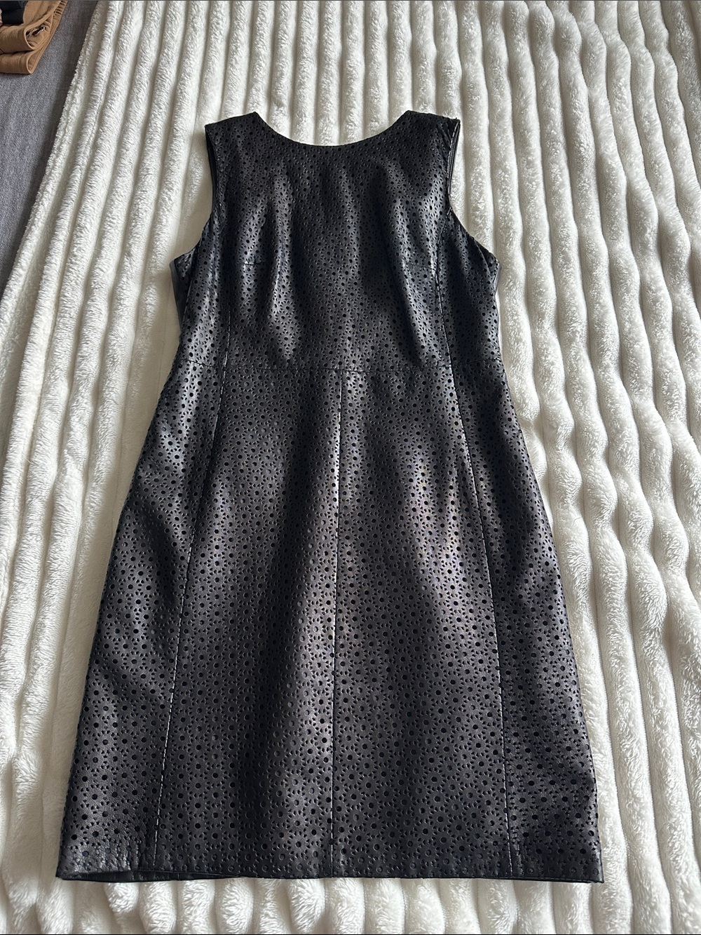 ANTONIO MELANI Black Leather Eyelet Midi Shift Dress
